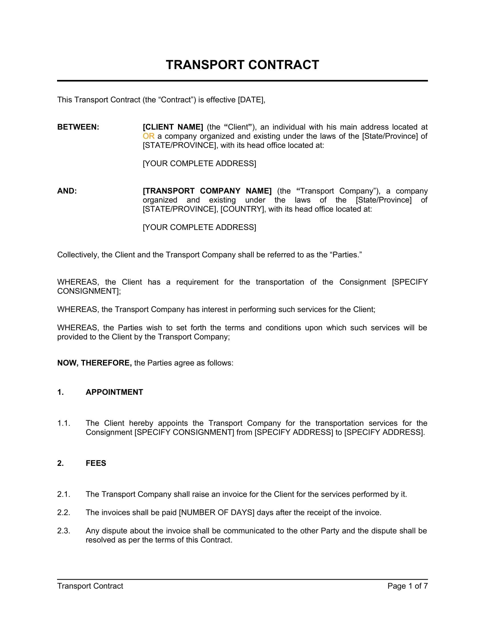Transportation Services Contract Template
