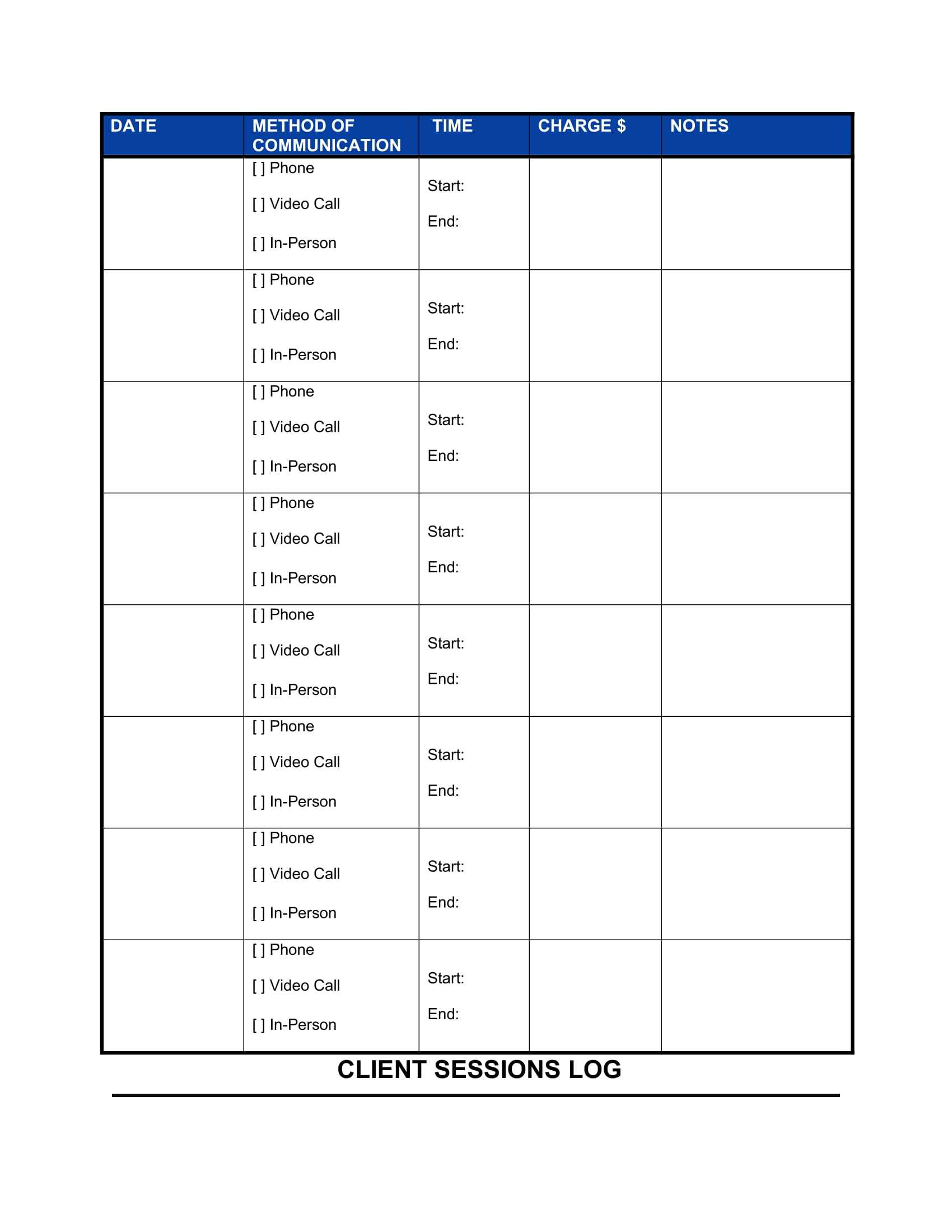 Get Free Client Sessions Log Template